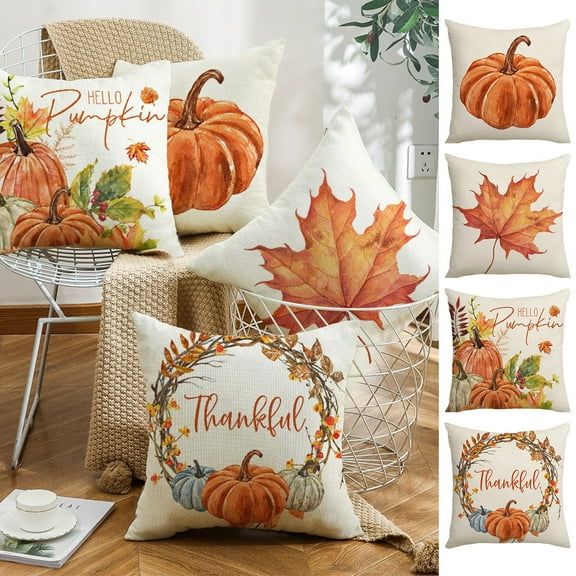 PALIFEUR Fall Throw Pillow Covers, 18 x 18 Inch Autumn Thanksgiving Pillow Covers, Hallolween & Fall Decor Pumpkin Pillow Case, Maple Leaves Decorative Pillow Case for Couch Patio Bench
