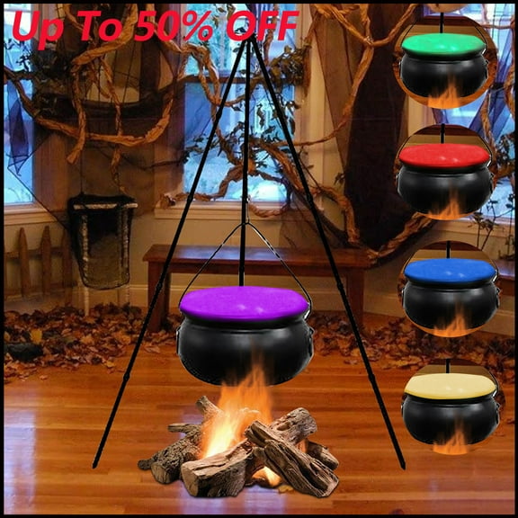 PALIFEUR Halloween Decorations Witches Cauldron, Halloween Witch Cauldron with Timer Lights, Large Black Plastic Cauldron for Halloween Decorations Outdoor & Indoor, 8x31 Inch