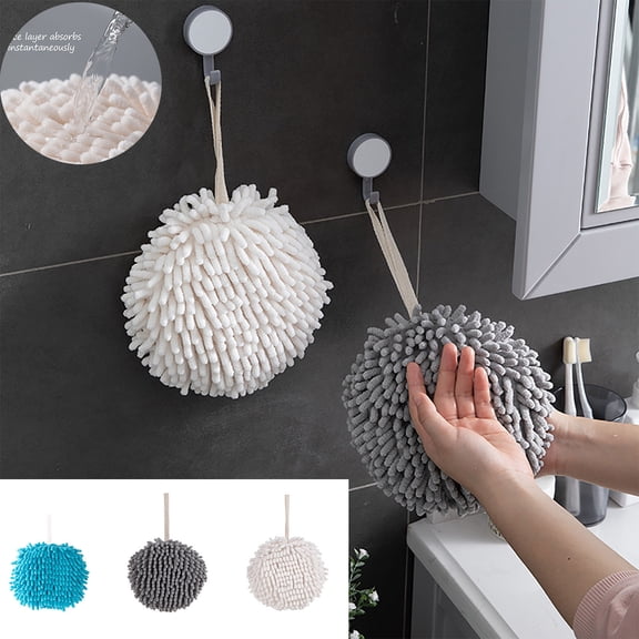 PALIFEUR Hangable Towels Fuzzy Ball Hand Towel, 2 Pack Highly Absorbent Kitchen Towels, Soft Thicker Quick-Drying Hand Towels for Bathroom, Kitchen, Gray