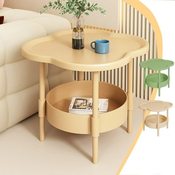 PALIFEUR Plastic Small Nightstand, 2-Tier Strong Stability Night Stand with Rounded Corners Open Storage Bedside Table with Removable Tray Side Table for Living Room, Bedroom, Beige