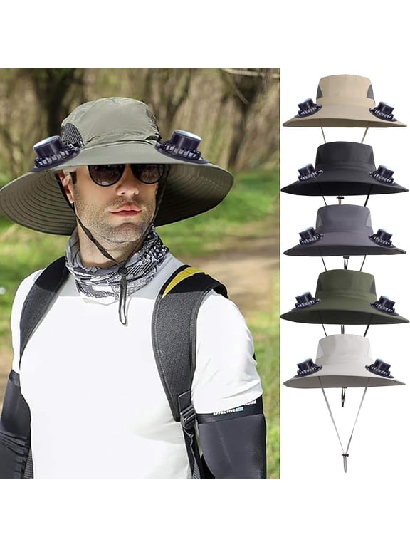 PALIFEUR Wide Brim Solar Fan Hat with 2 Solar Fan, Fan Built in Hat with Fans Solar Power, Solar Powered Fan Hat for Outdoor Fishing Travel, 3 Speed Adjustable Fan Hat