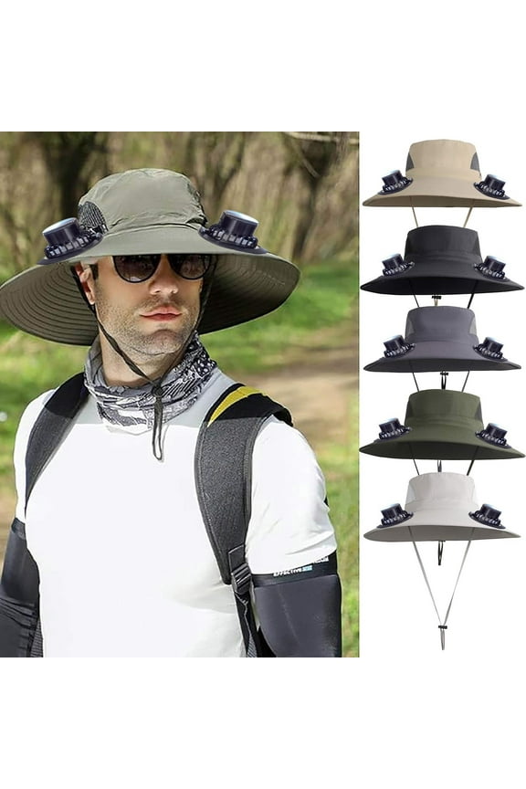 Wide Brim Solar Fan Hat with 2 Solar Fan, Fan Built in Hat with Fans Solar Power, Solar Powered Fan Hat for Outdoor Fishing Travel, 3 Speed Adjustable Fan Hat