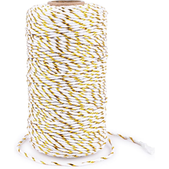 PALINO White Gold String - 2Mm 328Ft Bakers Twine for Gift Wrapping,White Cotton and Gold String Diy Crafts,Wedding,Christmas Party Decor Cotton Party Decor Gold String