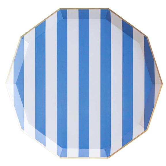 Bonjour Fte Blue Striped Large Paper Dinner Plates, Disposable Party Supplies, 8 Count, 10.75 Inch, Happy Birthday, 4th of July
