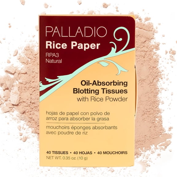 Palladio Rice Paper Facial Tissues for Oily Skin, Face Blotting Sheets Made from Natural Rice, Oil Absorbing Paper with Rice Powder, 2 Sided, Instant Results, Natural, 40 Count, 1 Count