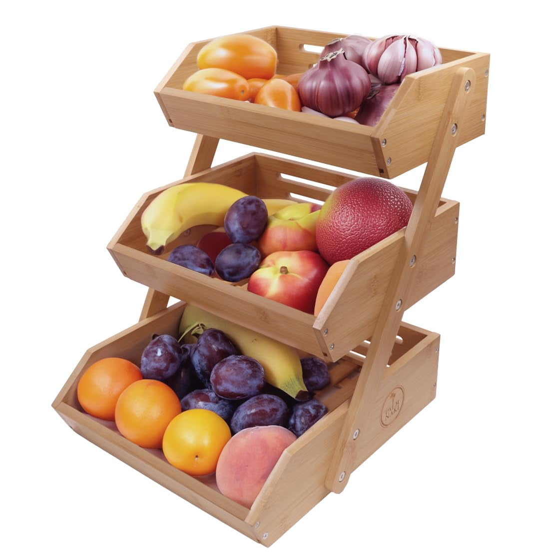 3-Tier Bamboo Fruit Basket Stand - Removable Baskets With Wheels, Kitchen Pantry Organizer - View #3
