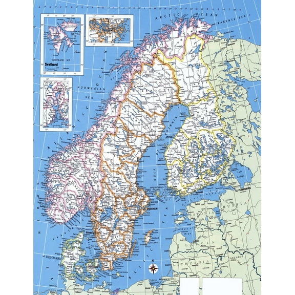 PALMETTO POSTERS Large Detailed Political Map of Norway Sweden Finland And Denmark Laminated 24" x 31" Poster