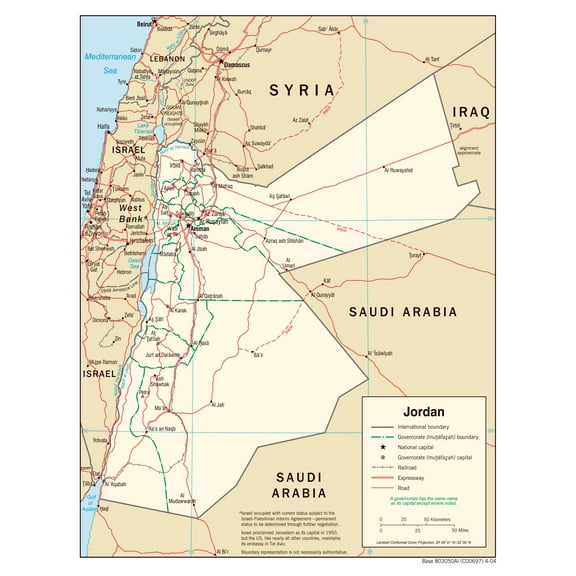 PALMETTO POSTERS Large Political And Administrative Map of Jordan with Roads Railroads And Major Cities 24" x 31" Poster