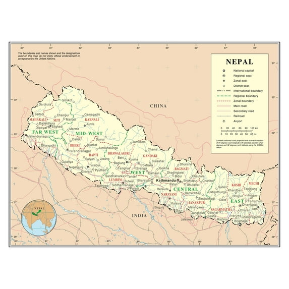 PALMETTO POSTERS Political and Administrative Map of Nepal 24" x 31" Poster