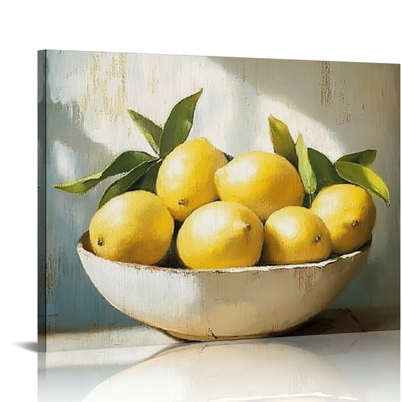 PALNKART Lemon Canvas Wall Art Kitchen Picture Citrus Fruit  Yellow Lemons in Bowl Painting Vintage Still Life Prints Farmhouse Decor 16x12in