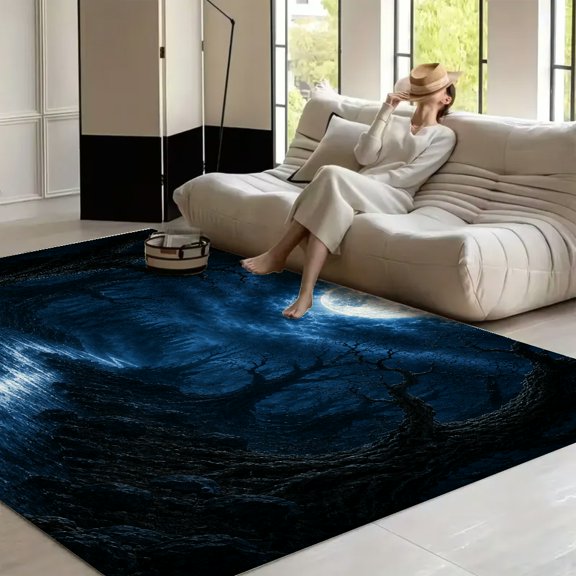 PALNKART Midnight Moon Dark Forest River Washable Area Rug for Living Room, Non Slip Large Decor Carpet for Bedroom Dining Office