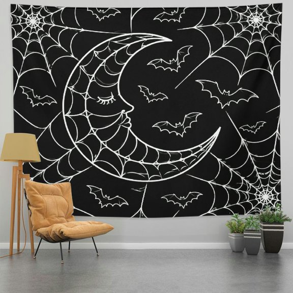 PALNKART Moon Face Bat Spider Web Seamless Pattern  Polyester Fabric Wall Hanging Decor, 100% Polyester Tapestry Wall Hanging,  Printed Tapestries for Bedroom Dorm Living Room Office Apartment Home .