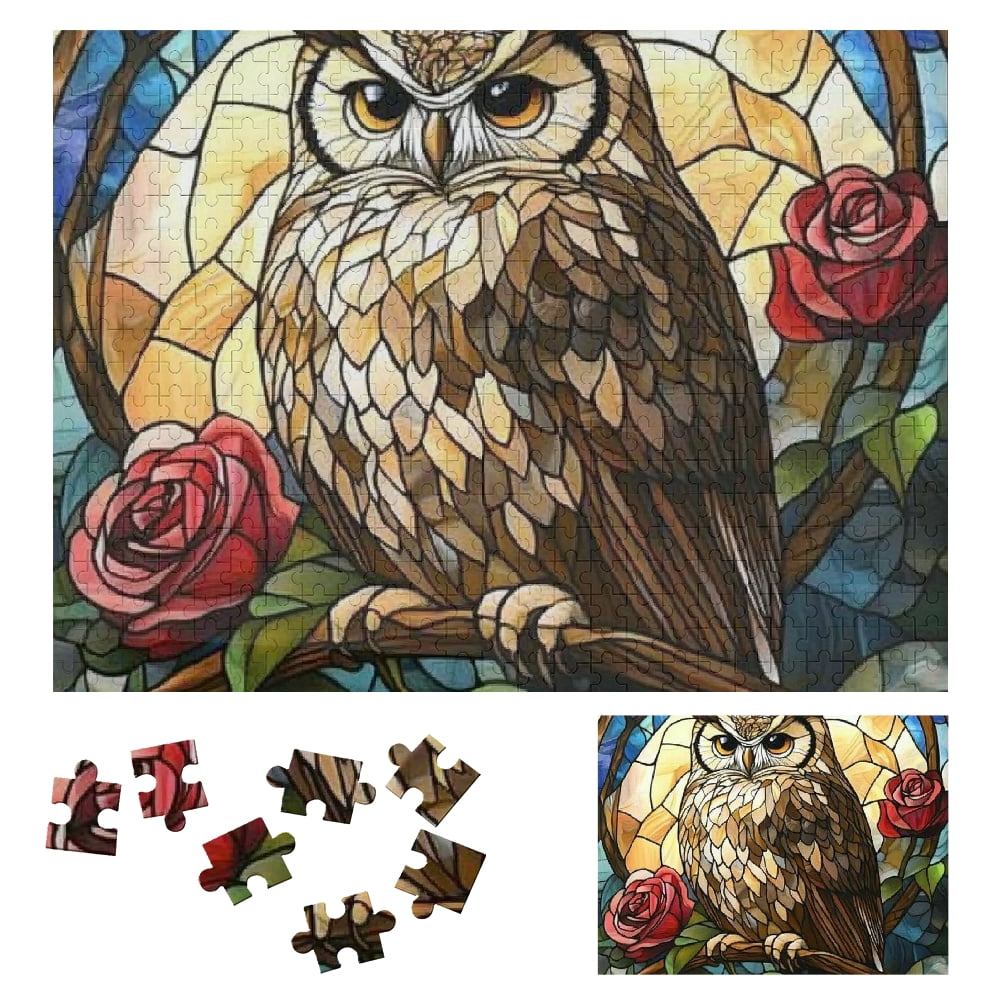 PALNKART Owl Roses Stained Glass Wooden Jigsaw Puzzle for Adults 500 ...