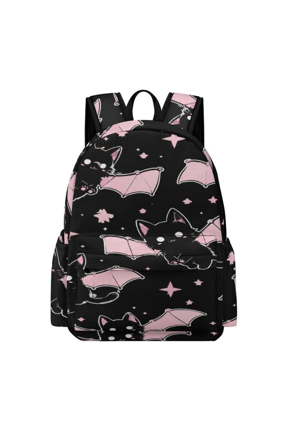 Pink Wing Cat Bat Pattern Printed Oxford Backpack,  Large Capacity Laptop Backpack, Water Resistant, Travel Daypack for College Work Commuting Adults,