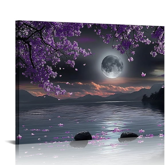 PALNKART Purple Bedroom Pictures Wall Decor Purple Canvas Art Black and White Sea Night Full Moon Purple Flower Print on Canvas Purple Wall Picture for Room Decor Stretched  20x16in