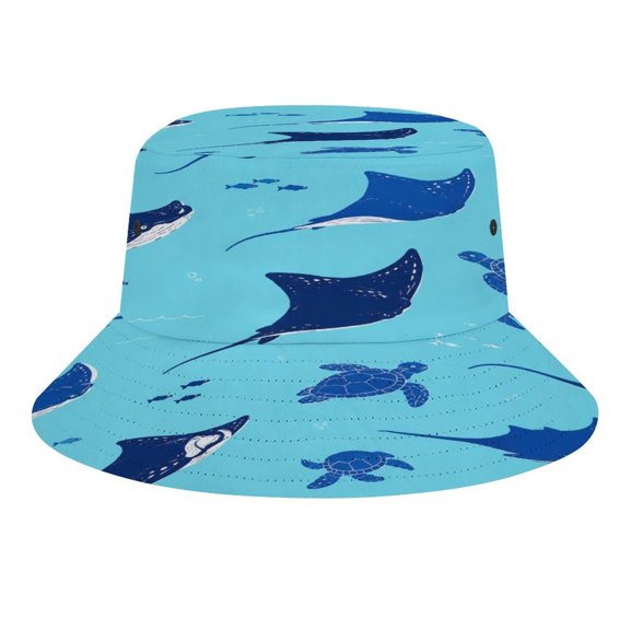 PALNKART Stingray Turtle Underwater Scene Pattern Bucket Hat, Soft, Printed, Packable Fisherman Sun Hat for Beach Travel Hiking Vacation, Sun Hat for Women Men,