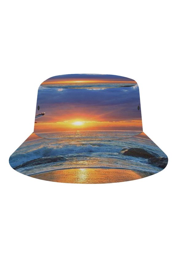 Sunset Gulls Bucket Hat, Soft, Printed, Packable Fisherman Sun Hat for Beach Travel Hiking Vacation, Sun Hat for Women Men,