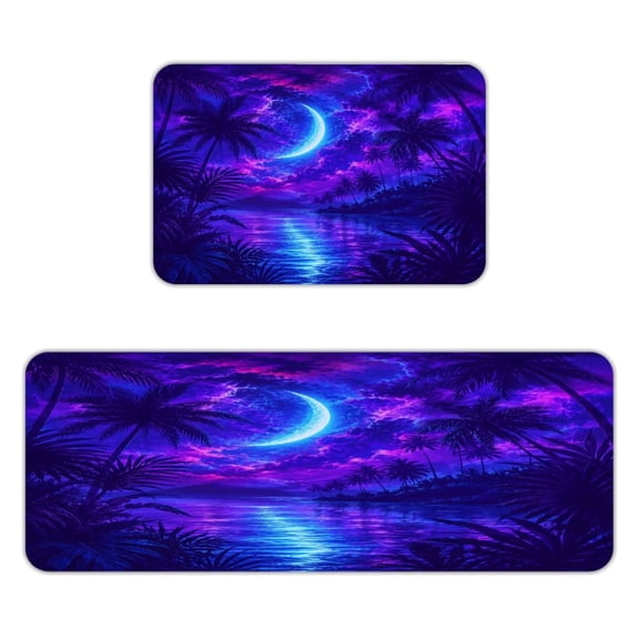 PALNKART Tropical Moon Ocean Pattern Kitchen Mats for Floor, Sets of 2, Soft Washable, Clear Print, Non Skid Waterproof Kitchen Rug for Sink Floor Sink Laundry Bar Office Room Home Cooks