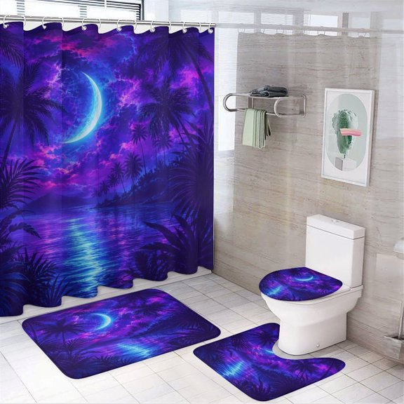 PALNKART Tropical Moon Ocean Pattern Shower Curtain Set 4 Piece with Soft Bathroom Rugs, Carpet, Toilet Seat Cover Pad and Anti-slip U-shaped Pad,