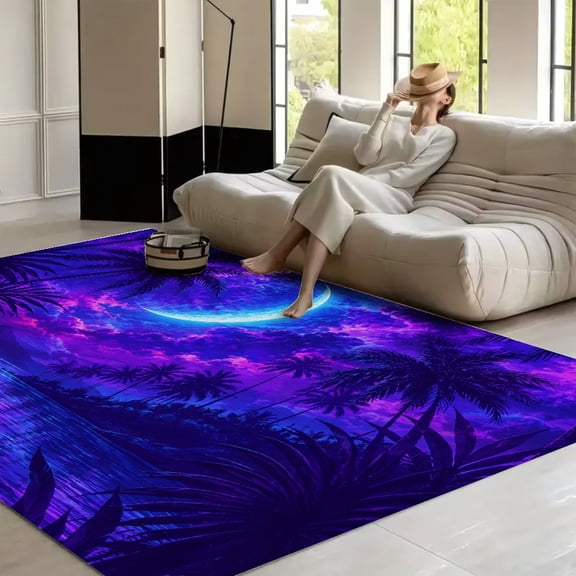 PALNKART Tropical Moon Ocean Pattern soft anti slip carpet Washable Area Rug for Living Room, Non Slip Large Decor Carpet for Bedroom Dining Office
