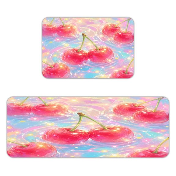 PALNKART Water Cherry Fruit Pattern Kitchen Mats for Floor, Sets of 2, Soft Washable, Clear Print, Non Skid Waterproof Kitchen Rug for Sink Floor Sink Laundry Bar Office Room Home Cooks