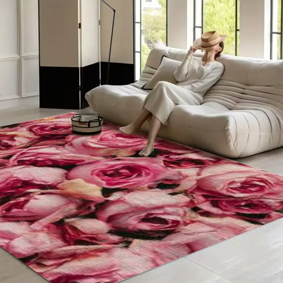 PALNKART Whispers of Pink Roses    bedroom living room home decoration gift office mat    Washable Area Rug for Living Room, Non Slip Large Decor Carpet for Bedroom Dining Office
