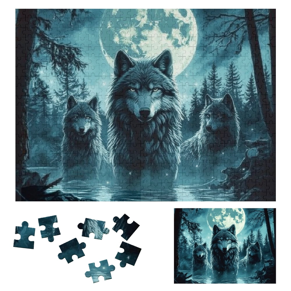 PALNKART Wooden Jigsaw Puzzle for Adults - Wolfs, Moon, Trees Theme 500 ...
