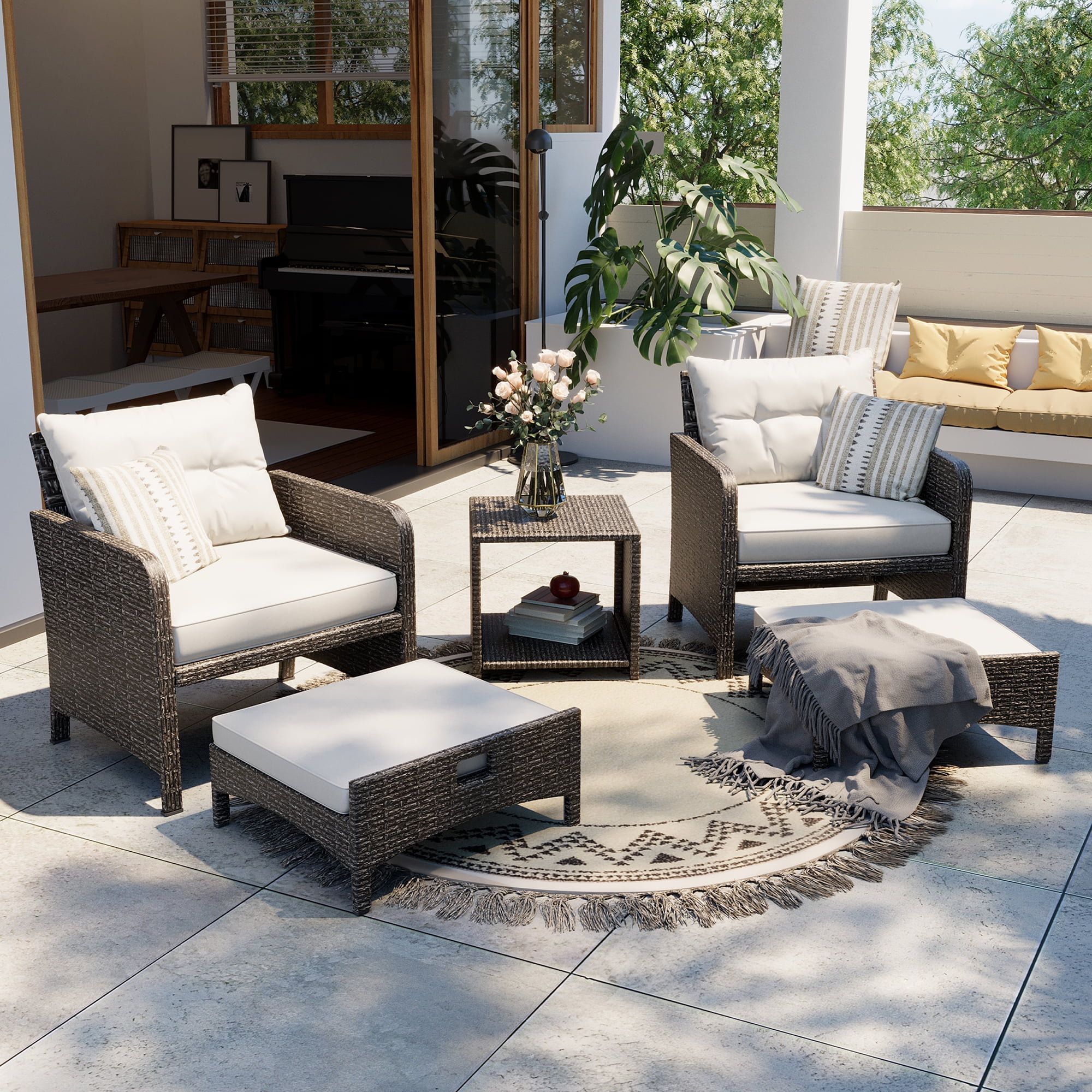PAMAPIC 5 Pieces Wicker Patio Furniture Set Outdoor Patio Chairs with Ottomans (Gray)