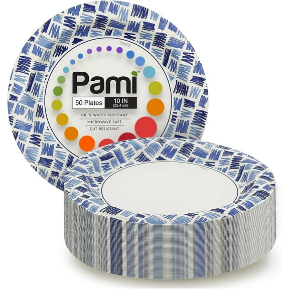 PAMI 10” Heavy Duty Paper Plates Disposable Dinner Plates Party Plates, 50-Pack