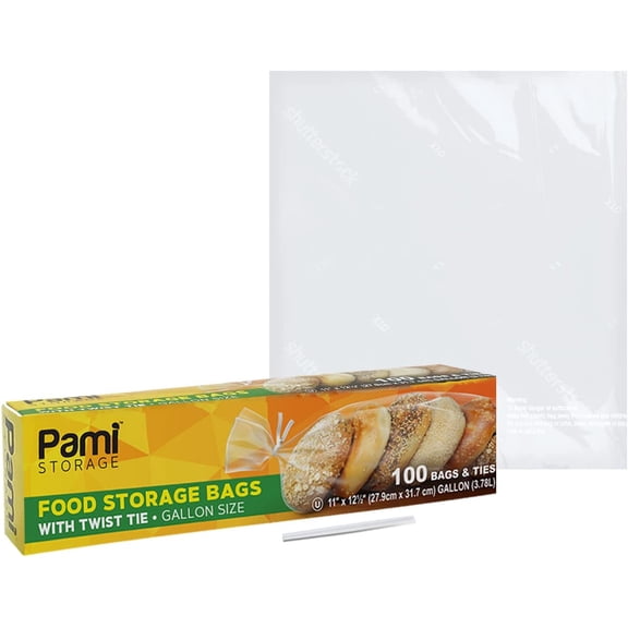 PAMI 11x12.5 inch Gallon Twist Tie Storage Bags, 100 Clear Plastic Food Baggies with Ties, Leak-Resistant