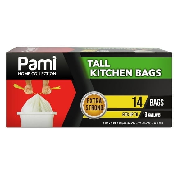 PAMI 13 Gallon Trash Bags, Plastic, Unscented, 14 Count - Tall Kitchen Garbage Bags with Drawstring, 2ft x2ft - White