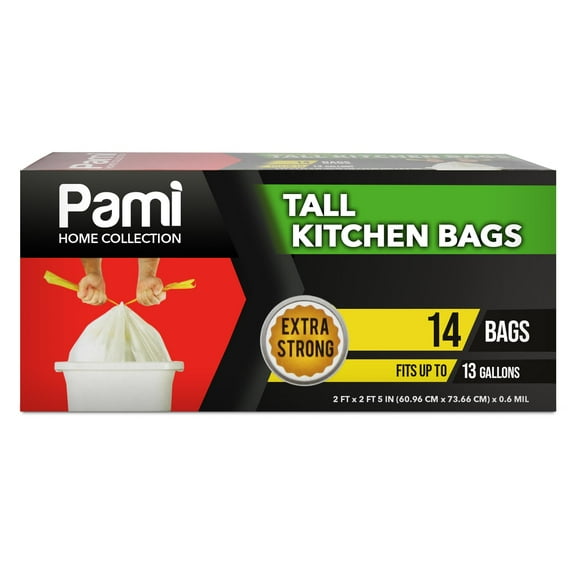 PAMI 13 Gallon Trash Bags, Plastic, Unscented, 14 Count - Tall Kitchen Garbage Bags with Drawstring, 2ft x2ft - White