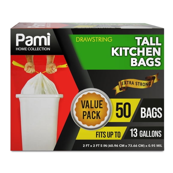 PAMI 13 Gallon Trash Bags, Plastic, Unscented, 50 Count - Tall Kitchen Garbage Bags with Drawstring, 2ft x2ft - White
