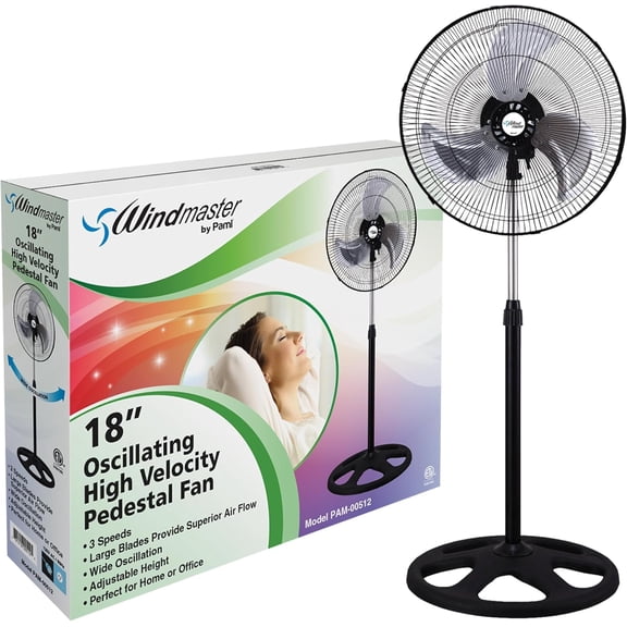 PAMI 18" Oscillating Pedestal Fan with Adjustable Height & 3 Speed Settings, High-Velocity Stand Fan for Home & Bedroom, Black