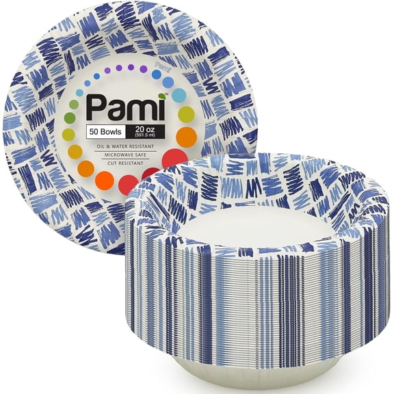 PAMI Blue Paper Bowls 20 Oz, Pack of 50 – Heavy-Duty Disposable Bowls for Soup, Microwave Safe, Oil, Water & Cut Resistant Dinnerware