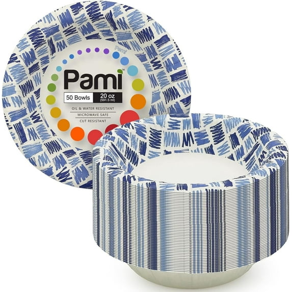 PAMI Blue Paper Bowls 20 Oz, Pack of 50 – Heavy-Duty Disposable Bowls for Soup, Microwave Safe, Oil, Water & Cut Resistant Dinnerware