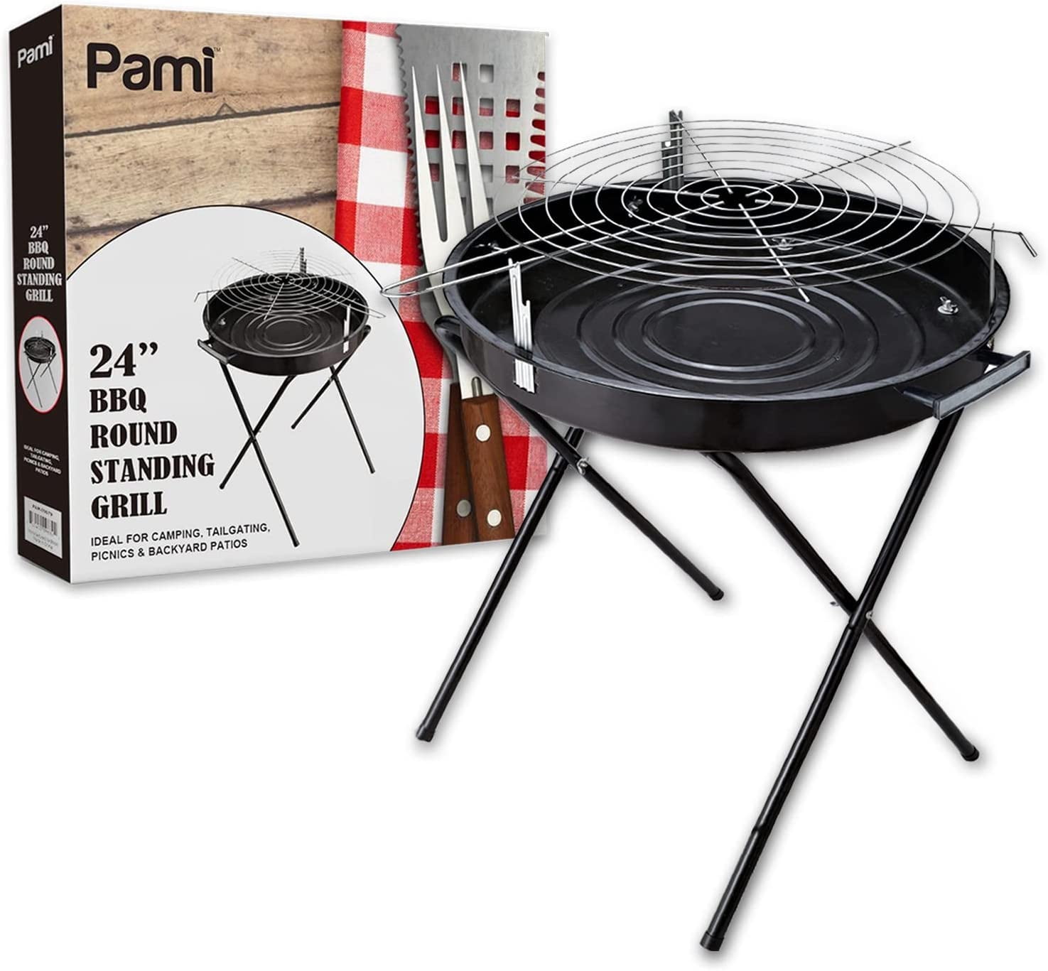 PAMI 24 Inch Round Portable Charcoal Barbecue Grill with Lid & Handles, Standing BBQ Grill for Outdoor Cooking