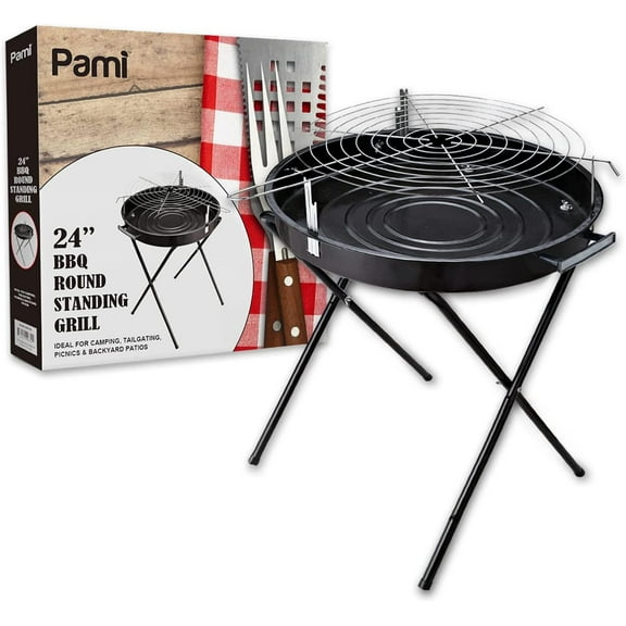 PAMI 24 Inch Round Portable Charcoal Barbecue Grill with Lid & Handles, Standing BBQ Grill for Outdoor Cooking