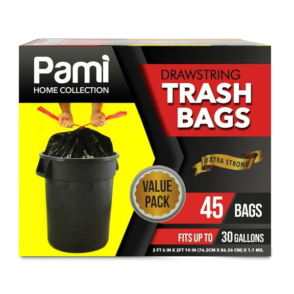 PAMI 30 Gallon Trash Bags, Plastic, Unscented, 45 Count - Tall Kitchen Garbage Bags with Drawstring, 2ft x2ft - Black