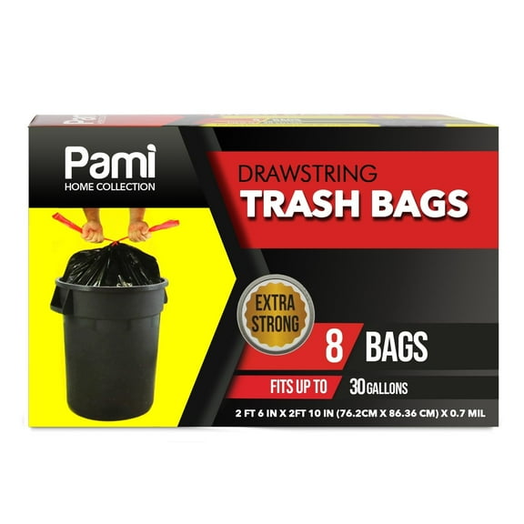 PAMI 30 Gallon Trash Bags, Plastic, Unscented, 8 Count - Tall Kitchen Garbage Bags with Drawstring, 2ft x2ft - Black