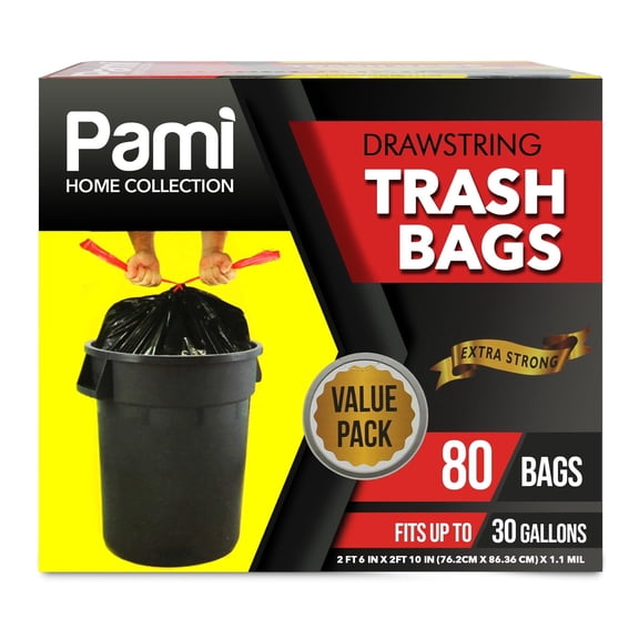 PAMI 30 Gallon Trash Bags, Plastic, Unscented, 80 Count - Tall Kitchen Garbage Bags with Drawstring, 2ft x2ft - Black