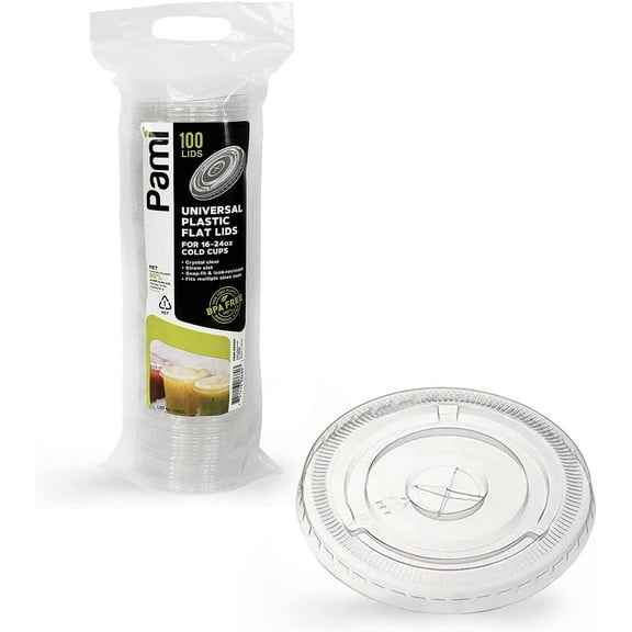 PAMI Clear Plastic Flat Lids with Straw Slot for 16 oz Cups, 100 pack, Fits for 16, 20, 24 oz, BPA-Free Pet Lids