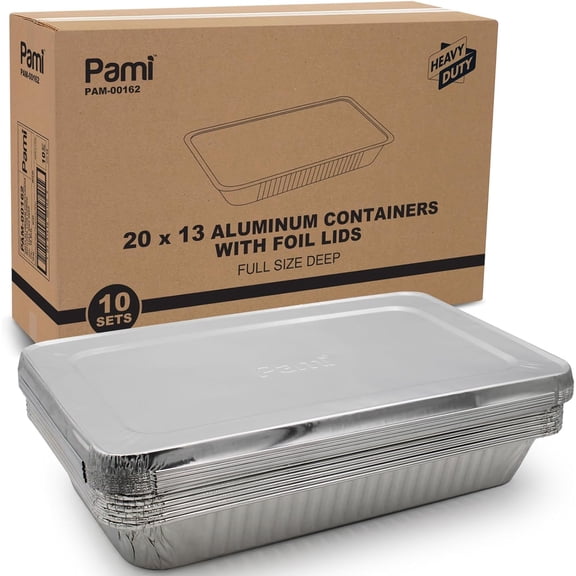 PAMI Disposable Aluminum Pans With Foil Lids, Full-Size, Deep [Pack of 10]- 20”x13” Oven & Freezer Safe Heavy-Duty Foil Trays With Lids- Large Tin Pans For Chafing, Grilling, Roasting, BBQ & Baking