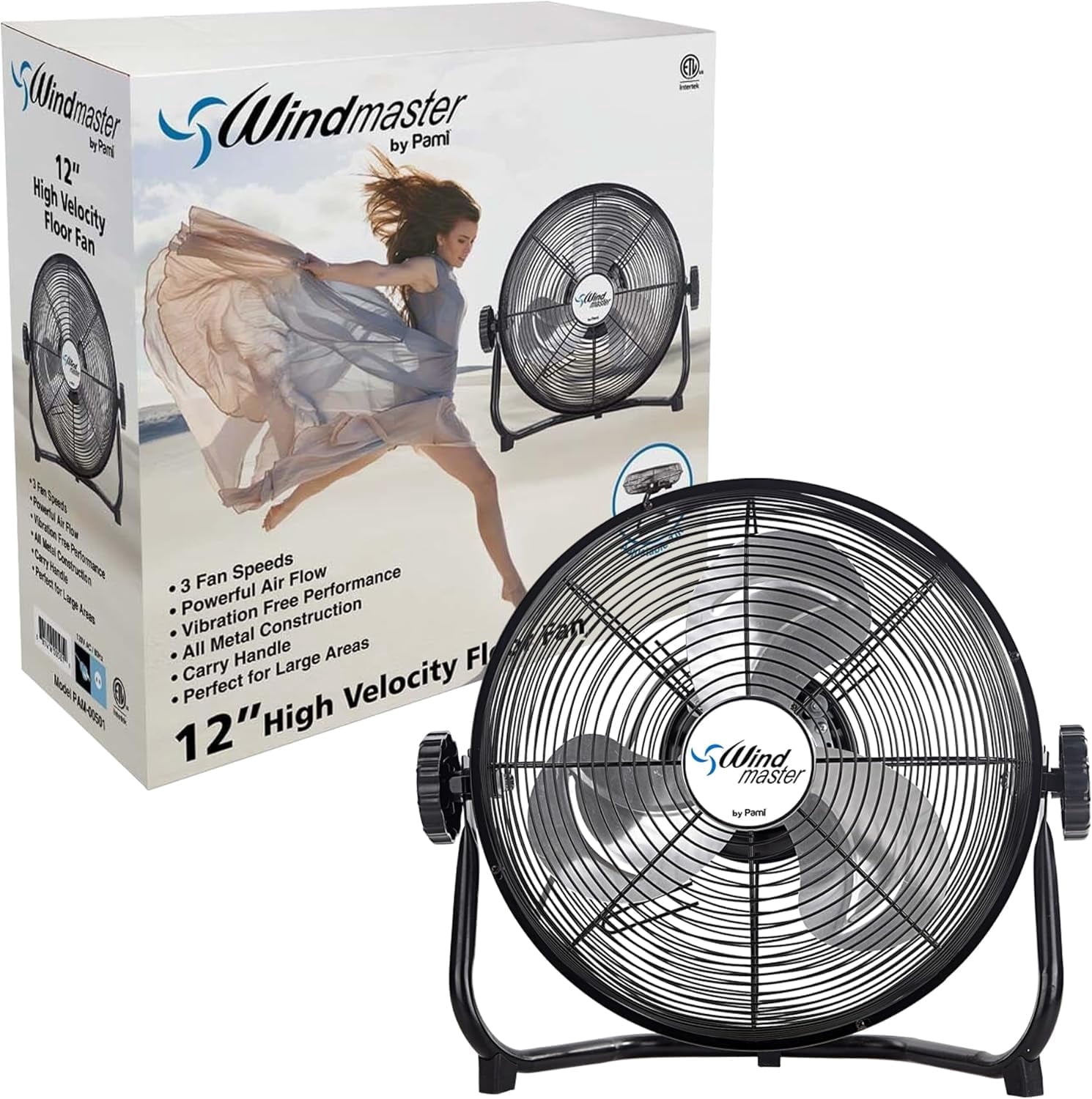 PAMI Floor Fan 12 inch Black – High-Velocity Metal Electric Fan with 3 Speeds & Adjustable Head Fans for Home & Office