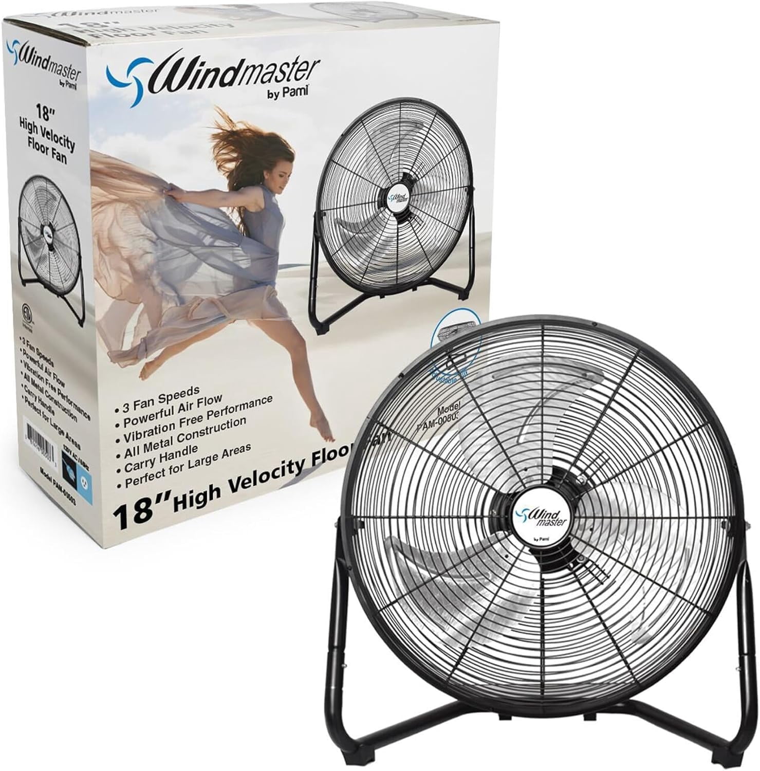 PAMI Floor Fan 18 inch Black – High-Velocity Metal Electric Fan with 3 Speeds & Adjustable Head Fans for Home & Office