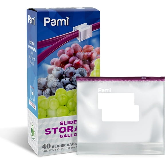 PAMI Gallon Food Storage Bag, 40 Clear Thick Plastic Gallon Ziploc Bags with Leakproof Slider, Expandable Bottom & Write-On Label