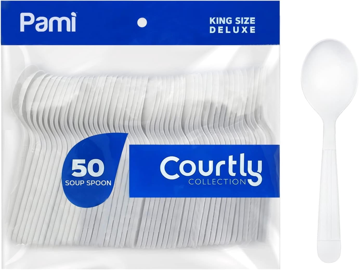 PAMI Heavy Duty White Plastic Spoons Disposable, 50 Count Plastic Soup Spoons Plastic Cutlery Plastic Utensils Set