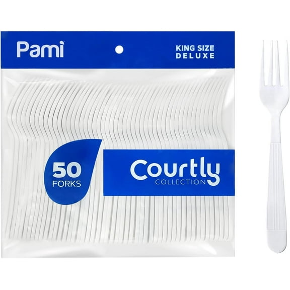 PAMI Heavy-Weight Disposable Plastic Forks 50 pack, Deluxe White Plastic Silverware, Durable Plastic Utensils Set for Parties, Catering & Events