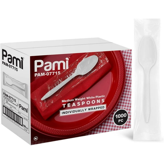 PAMI Plastic Silverware Wrapped Tea Spoons Medium White 1000 count, Wrapped Silverware Set Disposable for Parties & Catering