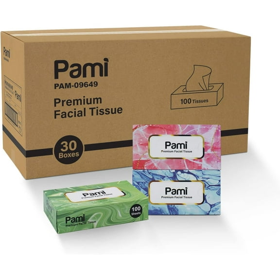 PAMI Premium Facial Tissues, 30 Flat Boxes with 100 Sheets Each, 3000 Soft Tissue Sheets for Home & Office
